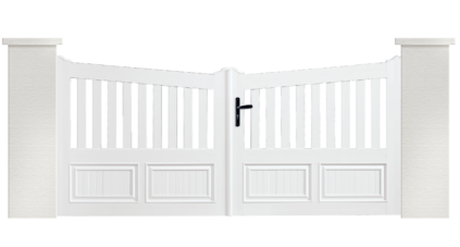 Portail PVC Contrebasse, forme biaise. Fabriqué sur mesure par Charuel