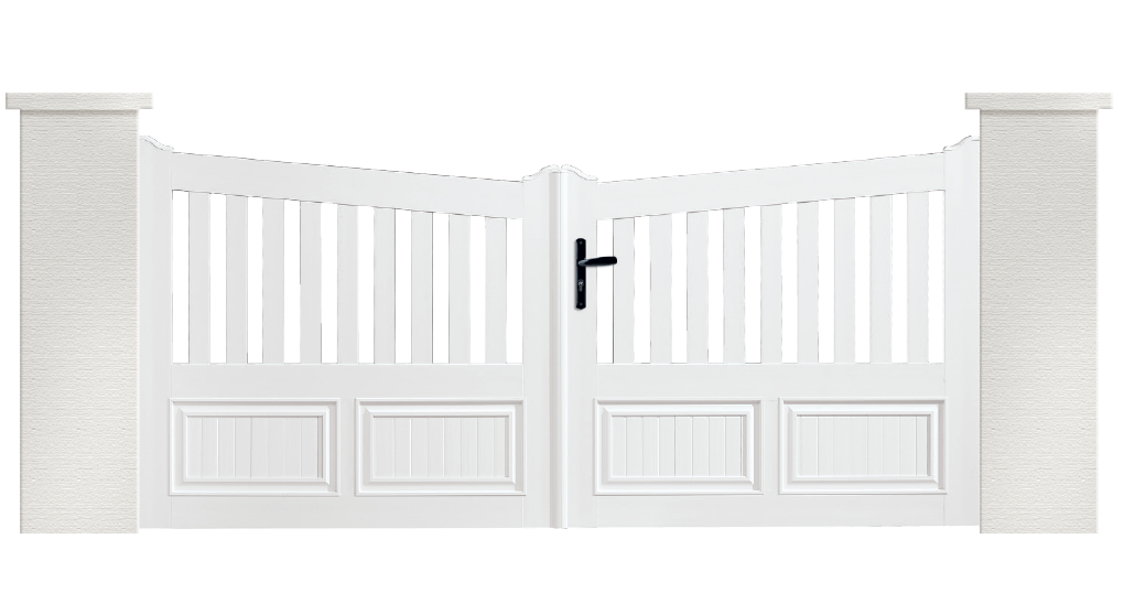 Portail PVC Contrebasse, forme biaise. Fabriqué sur mesure par Charuel