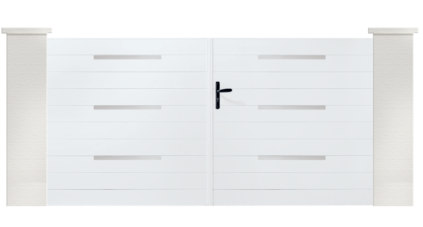 Portail PVC Everest, est un portail droit et plein. Avec des inserts inox en applique.