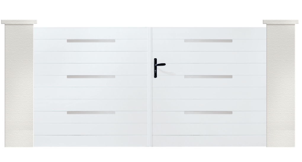 Portail PVC Everest, est un portail droit et plein. Avec des inserts inox en applique.