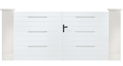 Hood est un portail en PVC de la collection coordonnée. Disponible en ouverture battante ou coulissante.