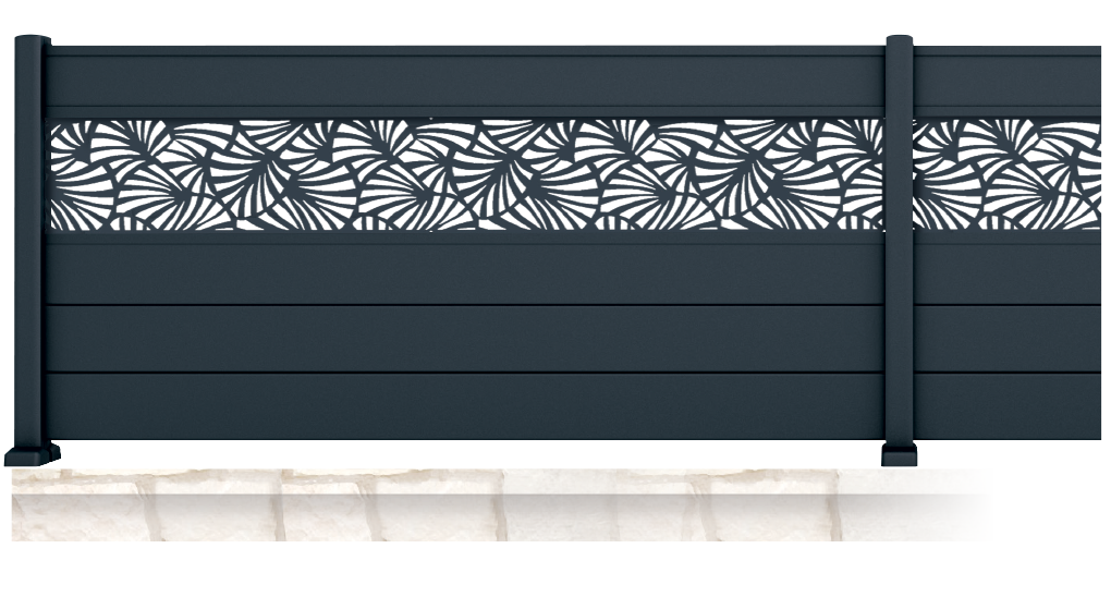 Balisier est une clôture aluminium avec petit jour. Personnalisable avec 6 motifs de tôles découpées au laser et plus de 25 coloris